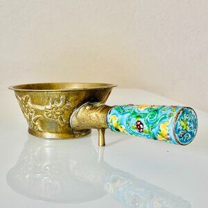 Vintage 1930s Chinese Silk Iron Brass with Enamel Floral Handle Antique Iron